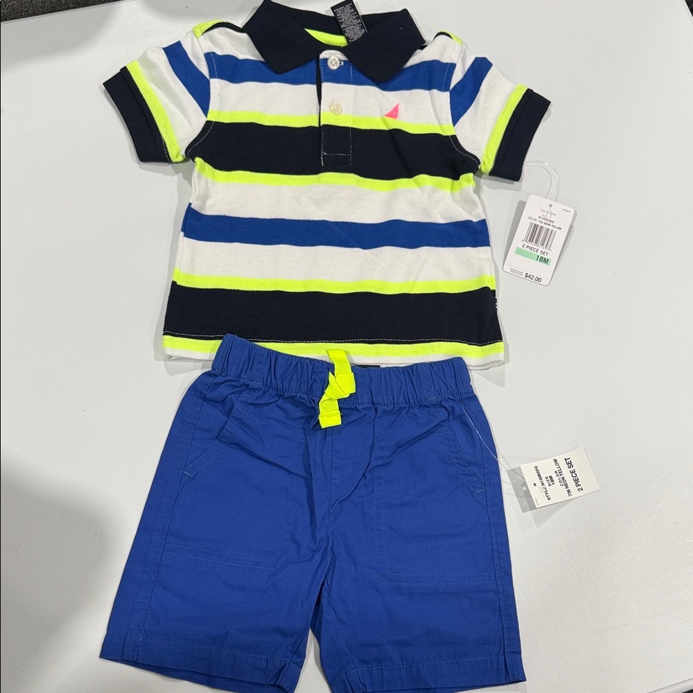 Nautica Kids Baby 18 months Shirt and Shorts Set - Blue, White, Neon Yellow